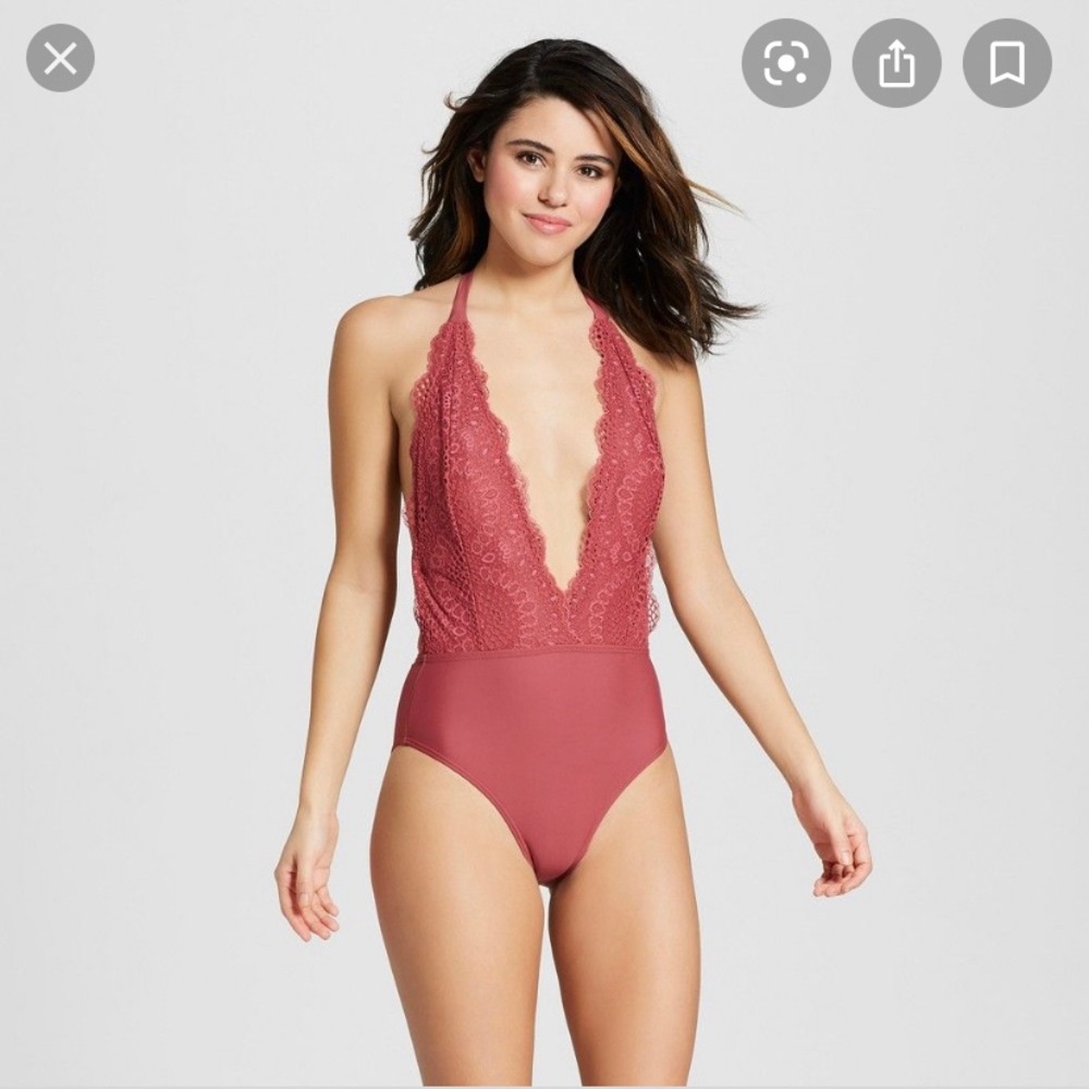One piece plunge lace bikini